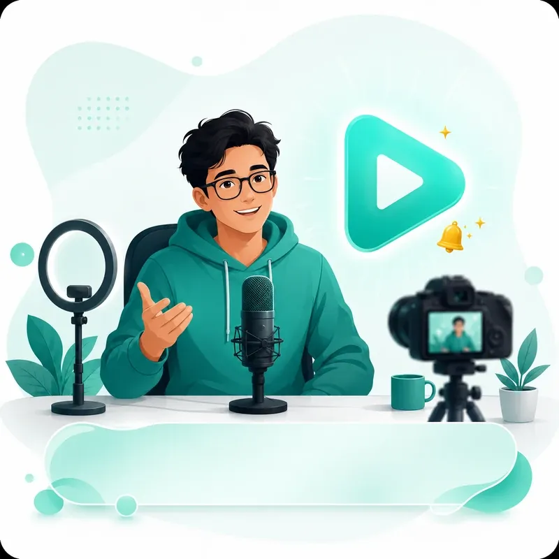 A content creator recording a video with a microphone and a glowing play button
