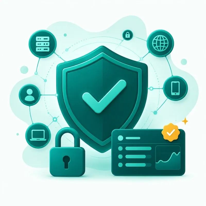 A security shield with a checkmark surrounded by lock and network nodes