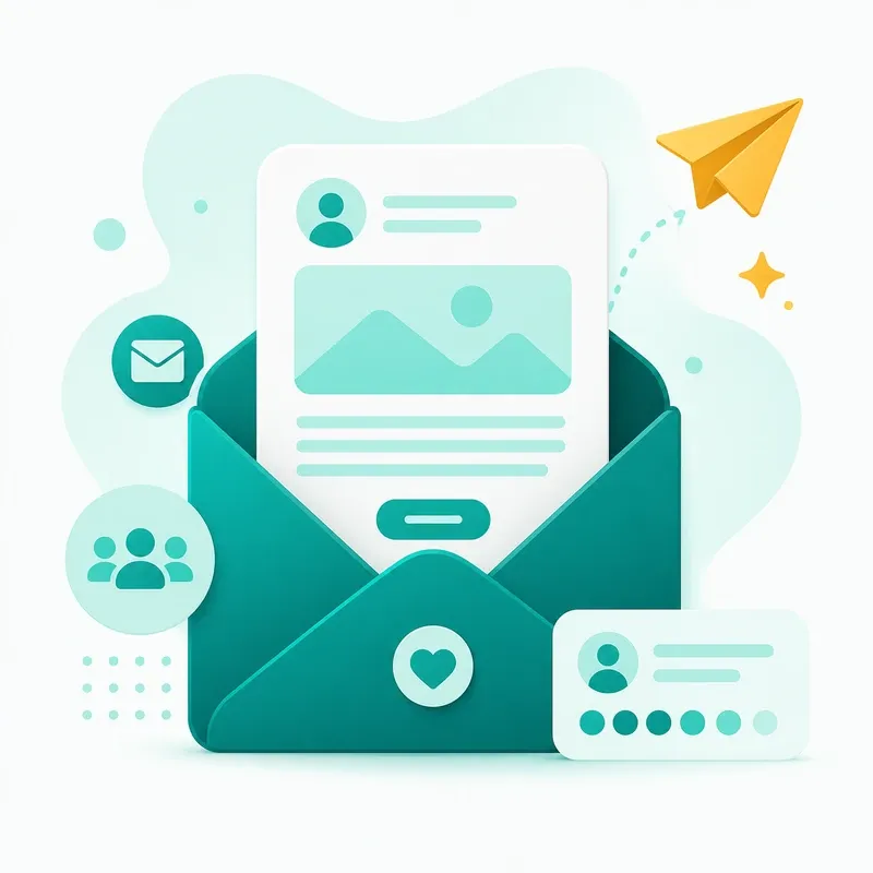 An open envelope with a newsletter card and a paper-plane send icon
