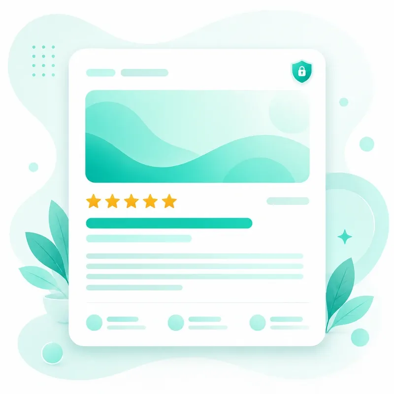 A blog article card with a five-star rating and a privacy shield