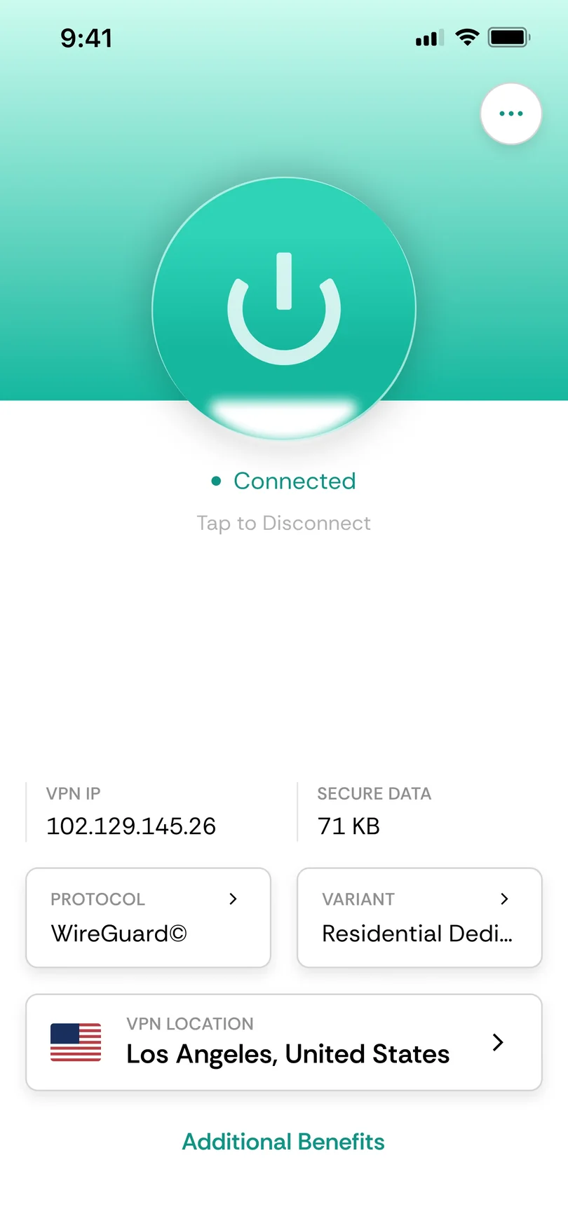 CometVPN app connected to a VPN server in Los Angeles, United States