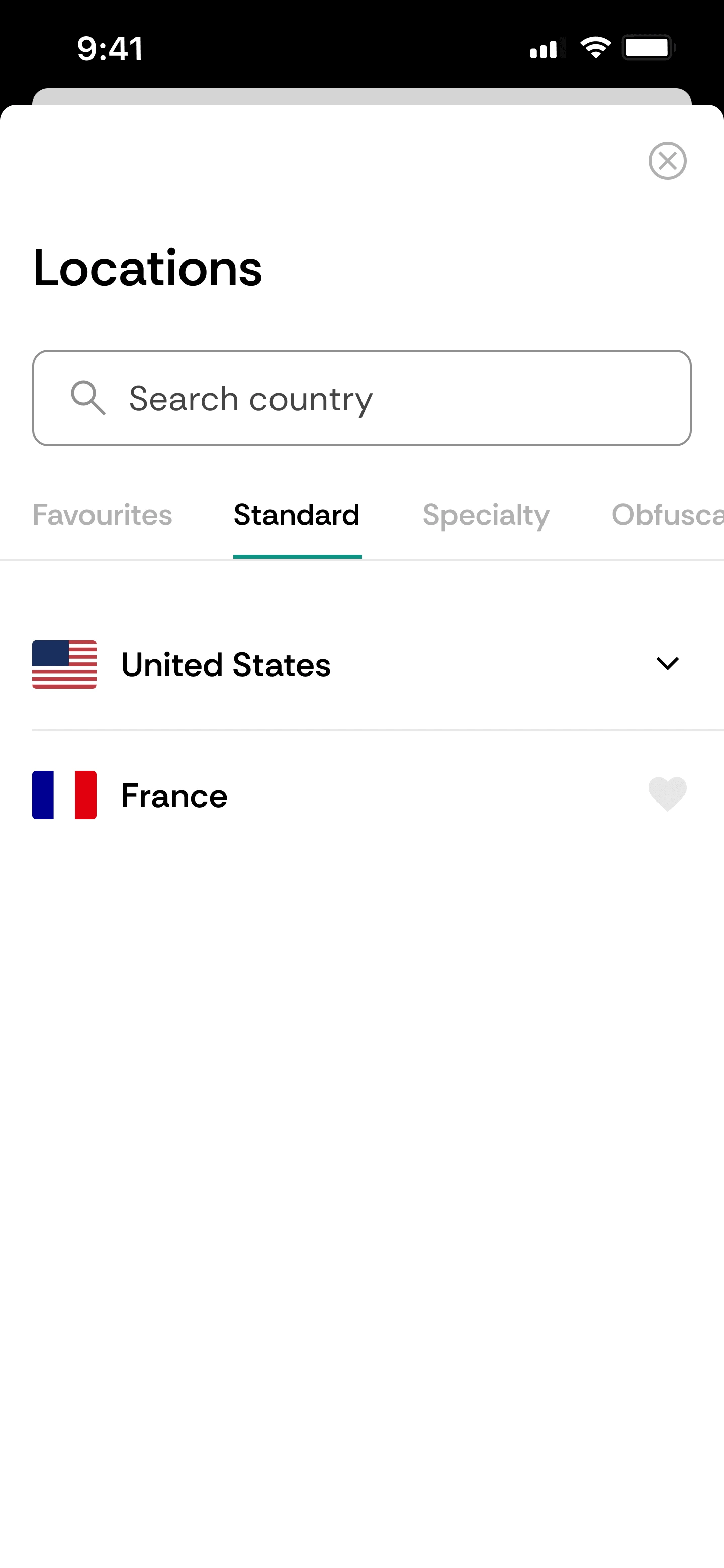 CometVPN location picker showing available VPN countries